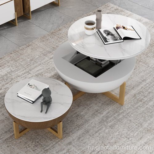 Комбинация круглого деревянного журнального столика серого цвета с подъемной крышкой